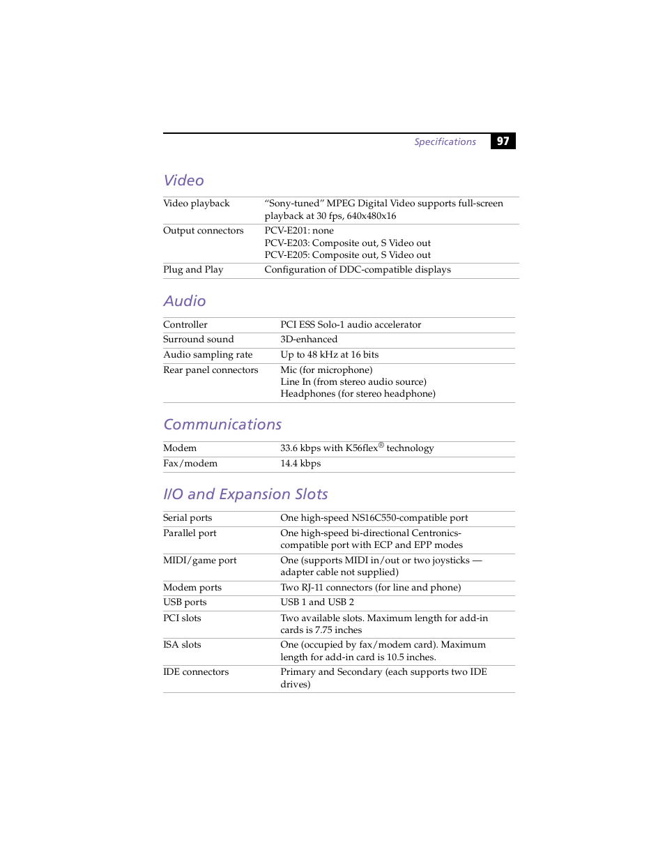 Video, Audio, Communications | I/o and expansion slots, Video audio communications i/o and expansion slots | Sony PCV-E203 User Manual | Page 105 / 112