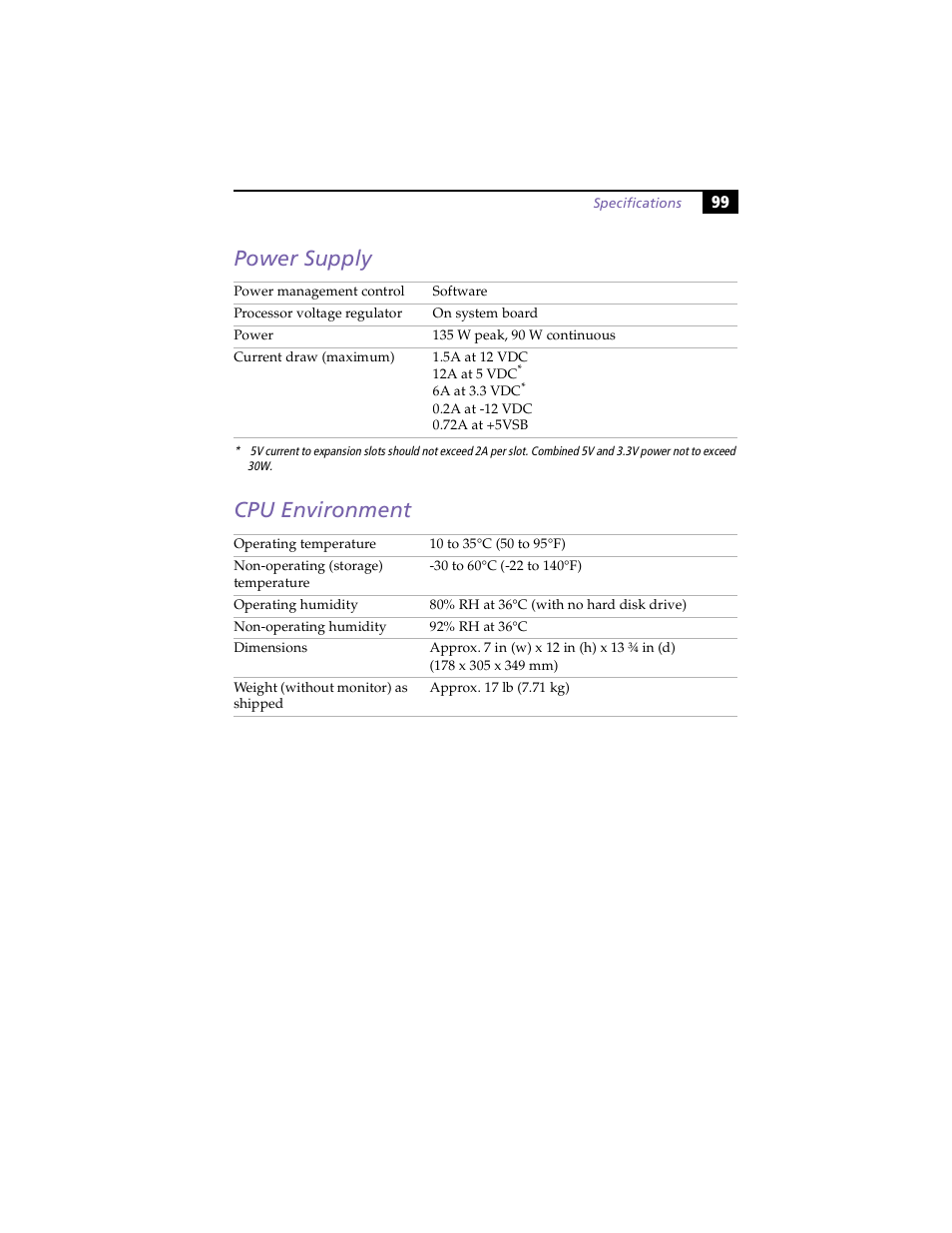 Power supply, Cpu environment, Power supply cpu environment | Sony PCV-E203 User Manual | Page 107 / 112