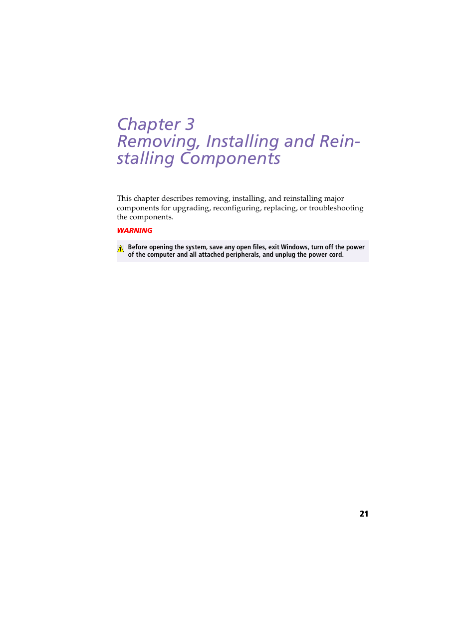 Removing, installing and reinstalling components | Sony PCV-E203 User Manual | Page 29 / 112