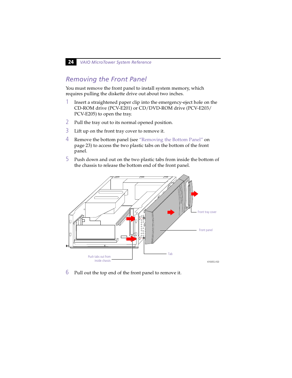 Removing the front panel | Sony PCV-E203 User Manual | Page 32 / 112