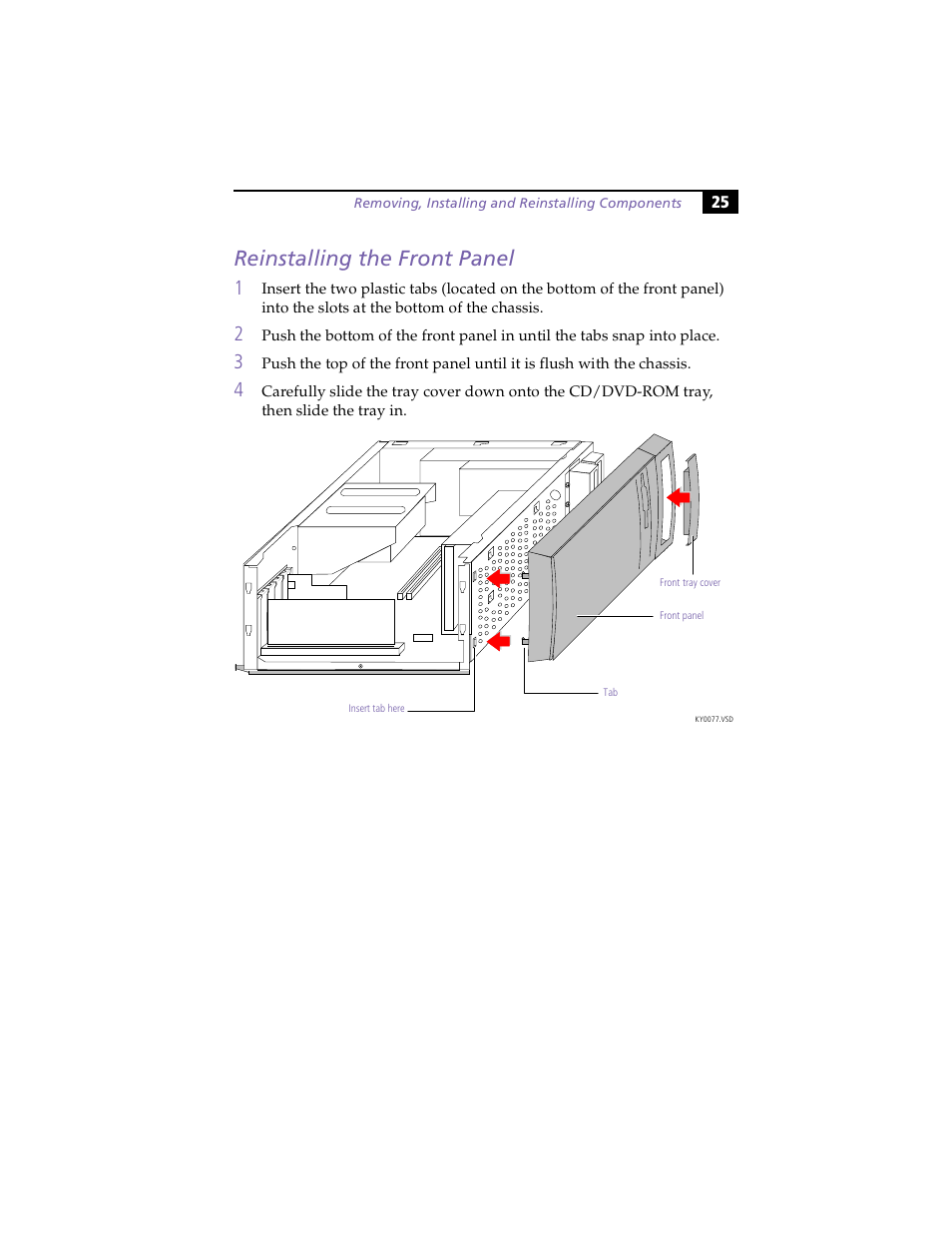 Reinstalling the front panel | Sony PCV-E203 User Manual | Page 33 / 112