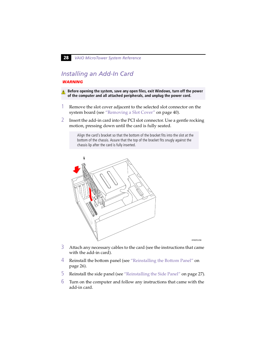 Installing an add-in card | Sony PCV-E203 User Manual | Page 36 / 112