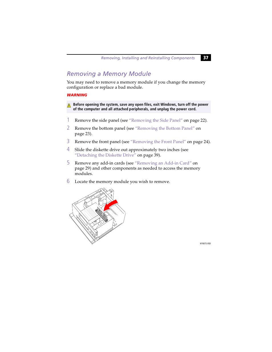 Removing a memory module | Sony PCV-E203 User Manual | Page 45 / 112