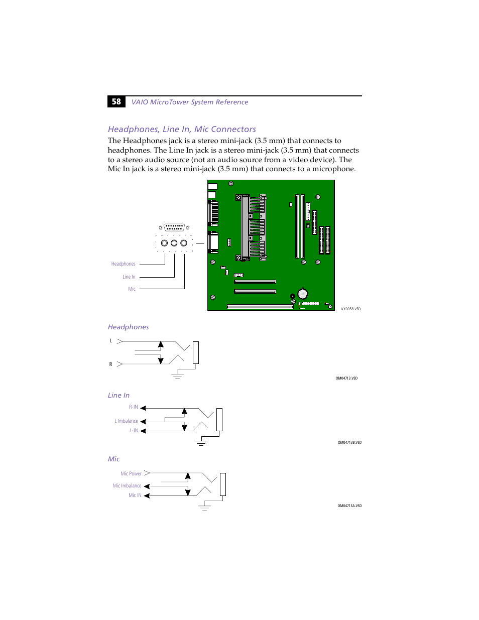 Headphones, line in, mic connectors, Headphones, Line in | 58 headphones, line in, mic connectors | Sony PCV-E203 User Manual | Page 66 / 112