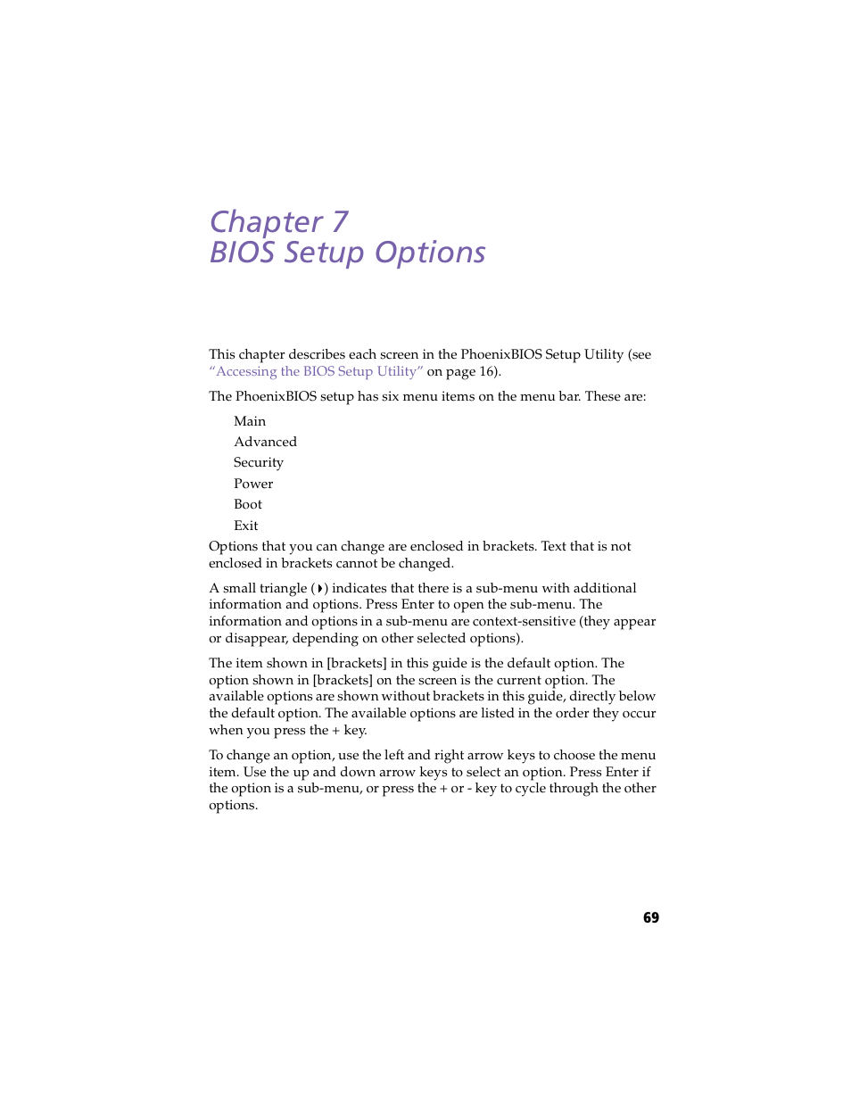 Bios setup options, Chapter 7 — bios setup options, Bios | Setup options, Chapter 7 bios setup options | Sony PCV-E203 User Manual | Page 77 / 112