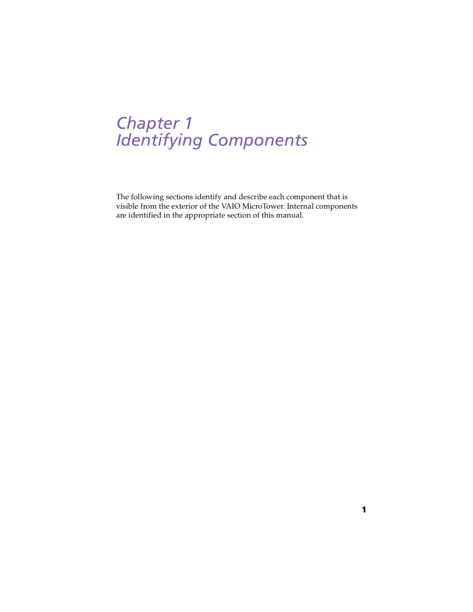 Identifying components, Chapter 1 — identifying components, Chapter 1 identifying components | Sony PCV-E203 User Manual | Page 9 / 112