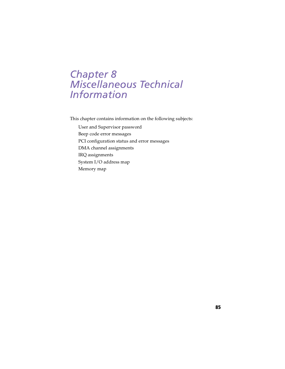 Miscellaneous technical information, Chapter 8 — miscellaneous technical information, Chapter 8 miscellaneous technical information | Sony PCV-E203 User Manual | Page 93 / 112