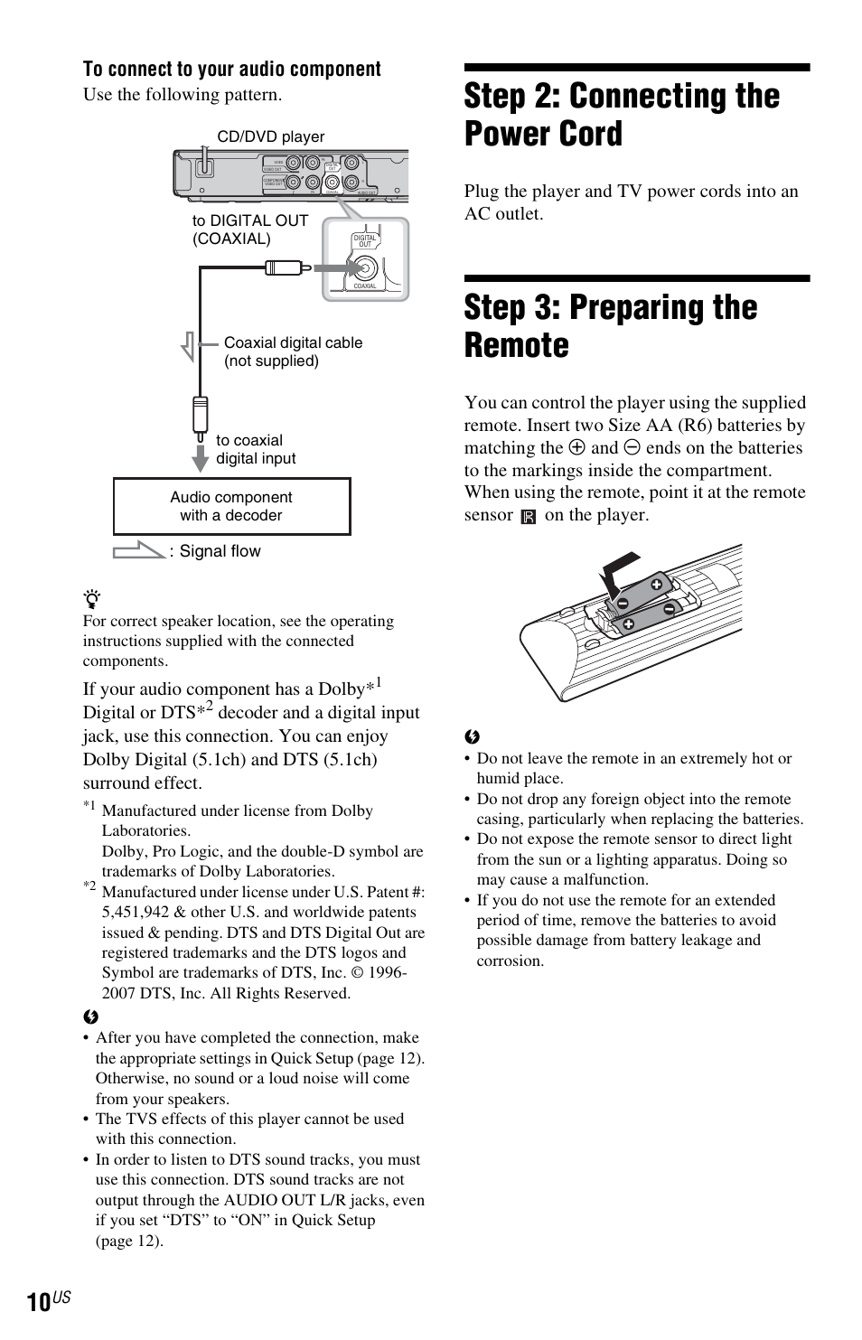 Step 2: connecting the power cord, Step 3: preparing the remote, R) (10) | Use the following pattern, If your audio component has a dolby, Digital or dts | Sony DVP-SR200PPX3 User Manual | Page 10 / 48