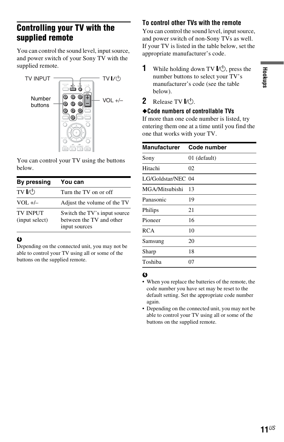 Controlling your tv with the supplied remote | Sony DVP-SR200PPX3 User Manual | Page 11 / 48