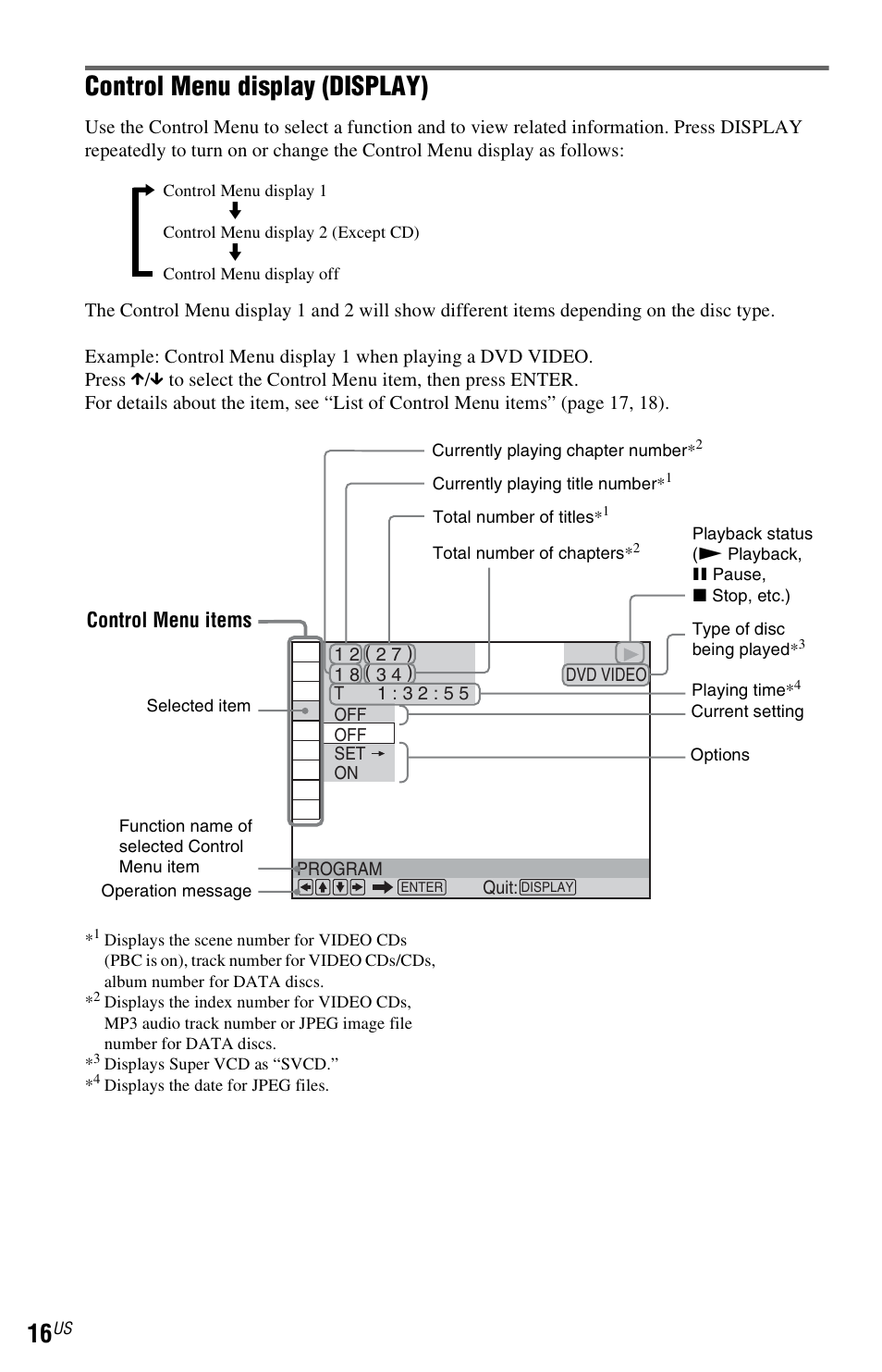 Control menu display (display), Control menu items | Sony DVP-SR200PPX3 User Manual | Page 16 / 48