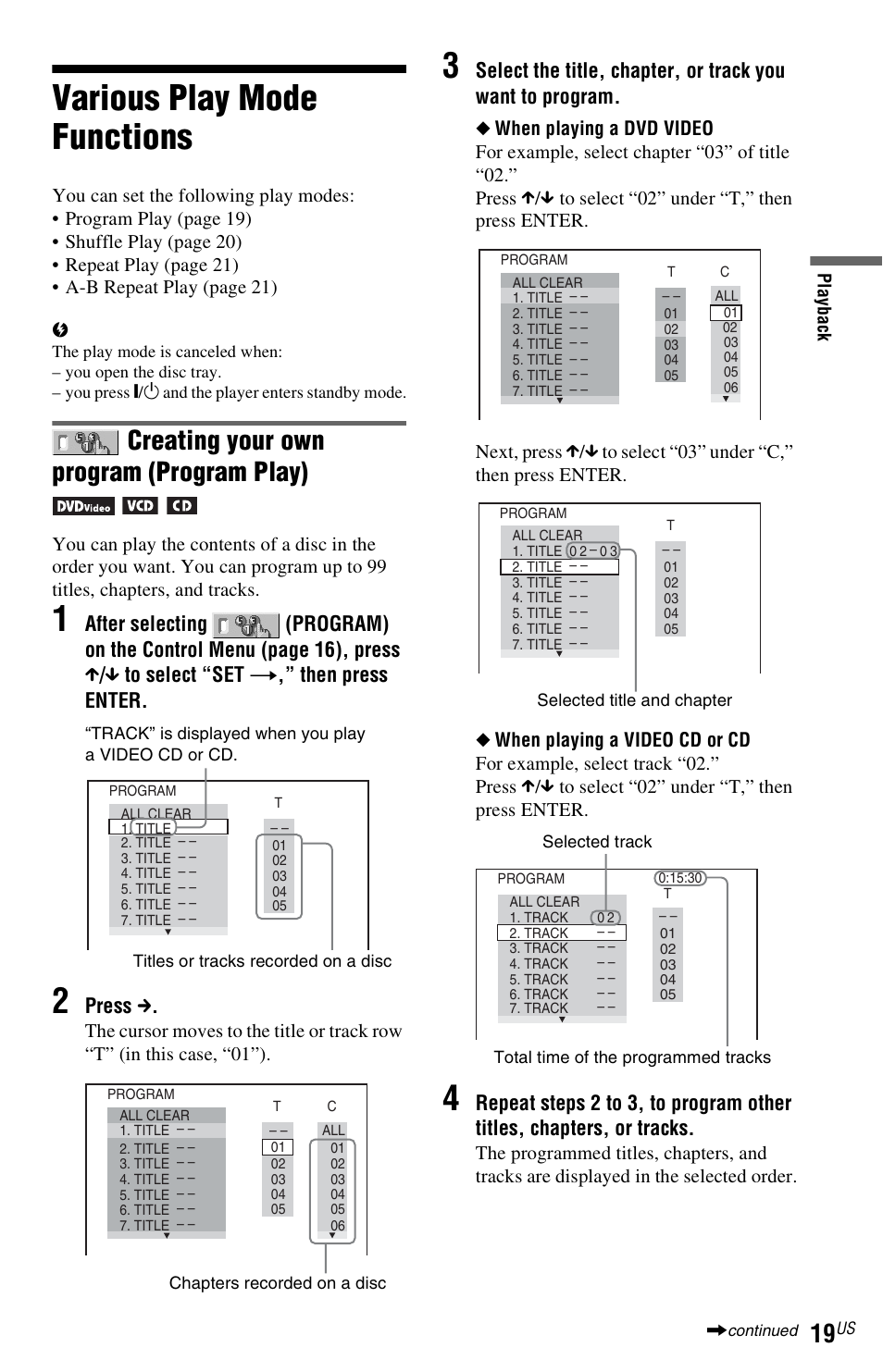 Various play mode functions, Creating your own program (program play) | Sony DVP-SR200PPX3 User Manual | Page 19 / 48