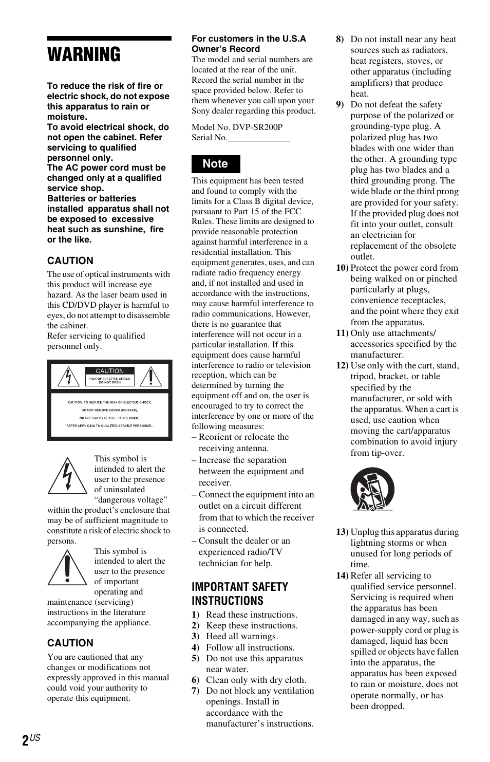 Warning | Sony DVP-SR200PPX3 User Manual | Page 2 / 48