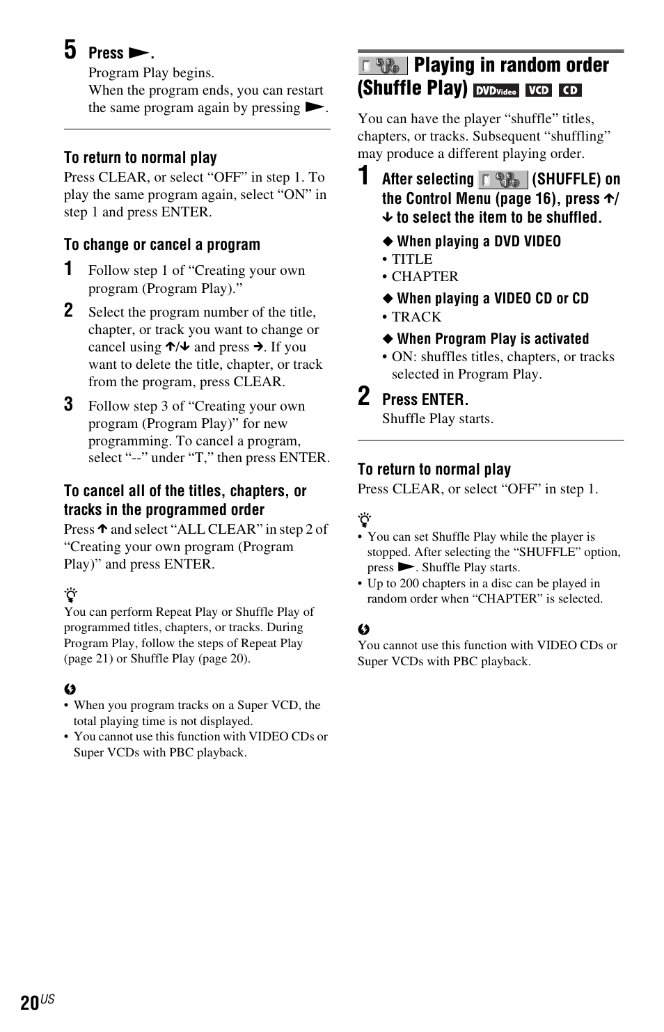 Playing in random order (shuffle play) | Sony DVP-SR200PPX3 User Manual | Page 20 / 48