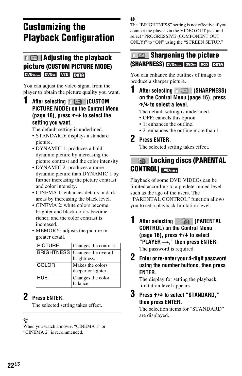 Customizing the playback configuration, Sharpening the picture (sharpness), Locking discs (parental control) | Adjusting the playback picture, Sharpening the picture (sha, Locking discs (paren, Sharpening the picture | Sony DVP-SR200PPX3 User Manual | Page 22 / 48