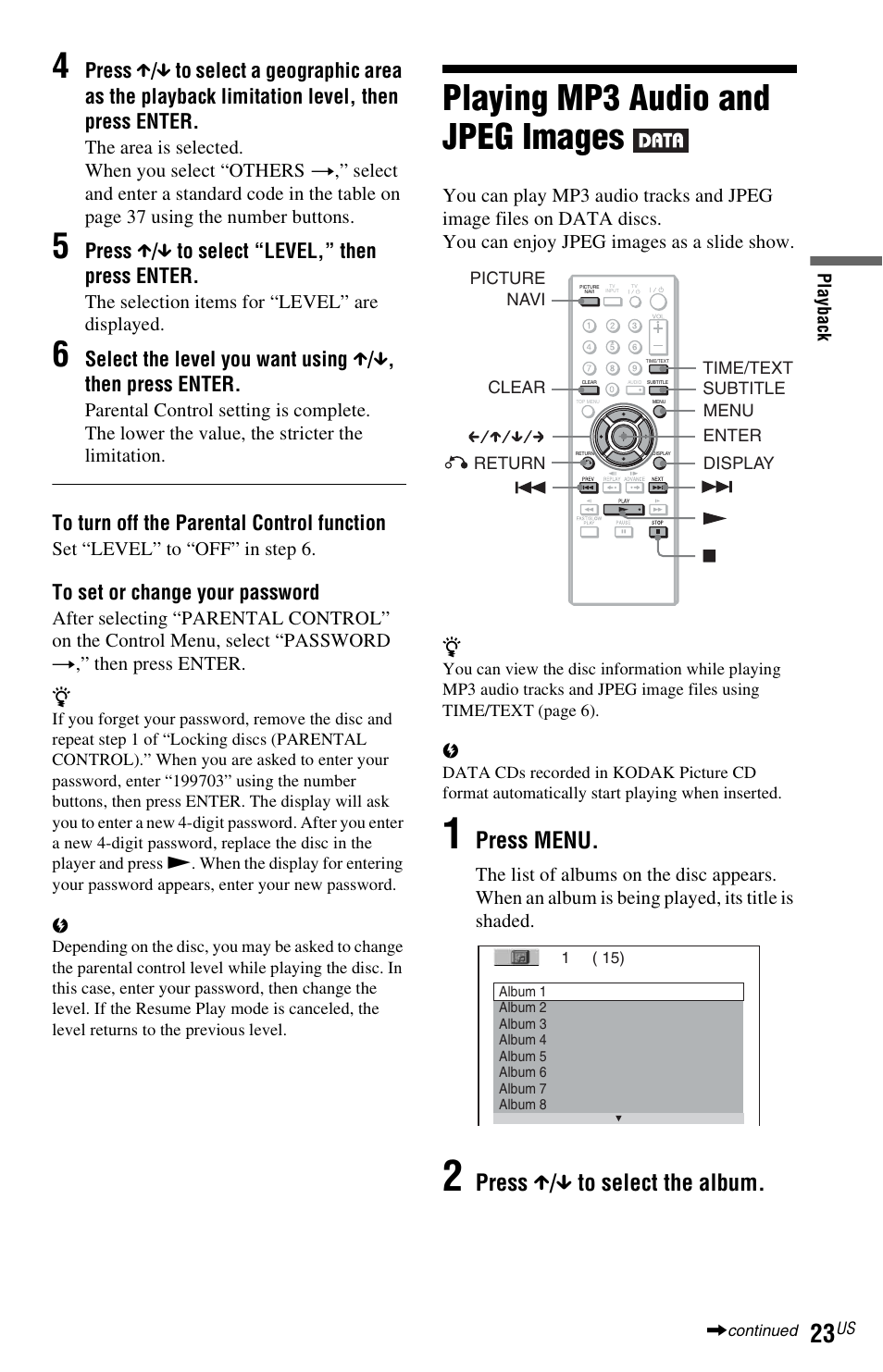 Playing mp3 audio and jpeg images, Nu (23, Press menu | Press x / x to select the album, Press x / x to select “level,” then press enter | Sony DVP-SR200PPX3 User Manual | Page 23 / 48