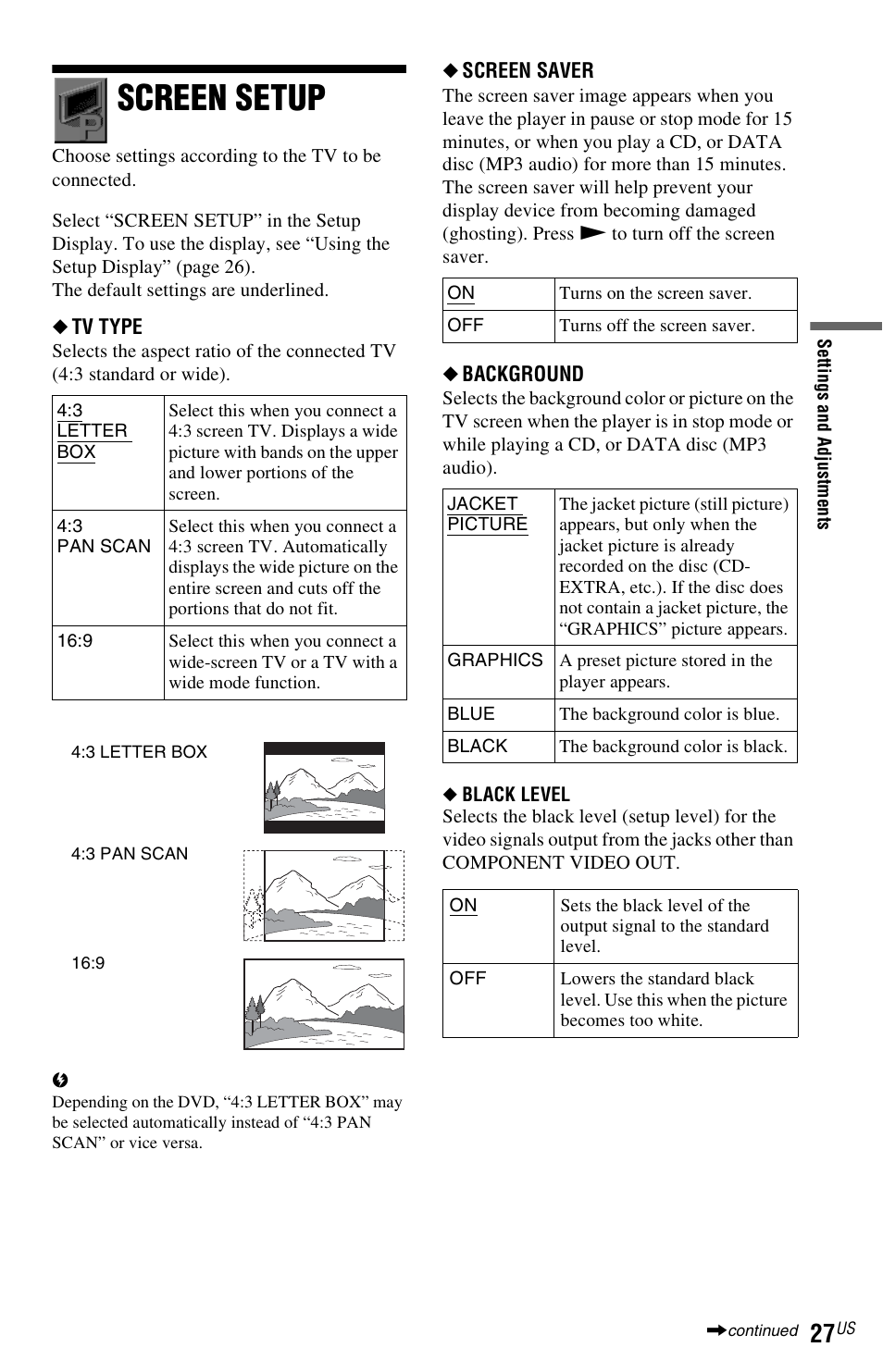 Screen setup | Sony DVP-SR200PPX3 User Manual | Page 27 / 48