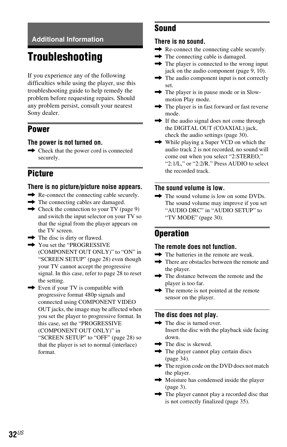 Additional information, Troubleshooting, Power | Picture, Sound, Operation | Sony DVP-SR200PPX3 User Manual | Page 32 / 48