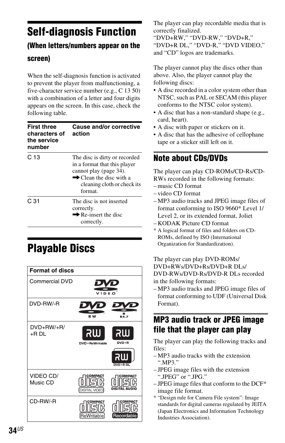 Playable discs, Self-diagnosis function | Sony DVP-SR200PPX3 User Manual | Page 34 / 48