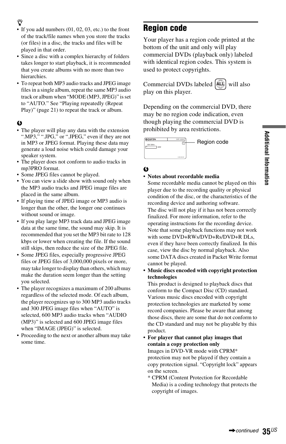 Region code | Sony DVP-SR200PPX3 User Manual | Page 35 / 48