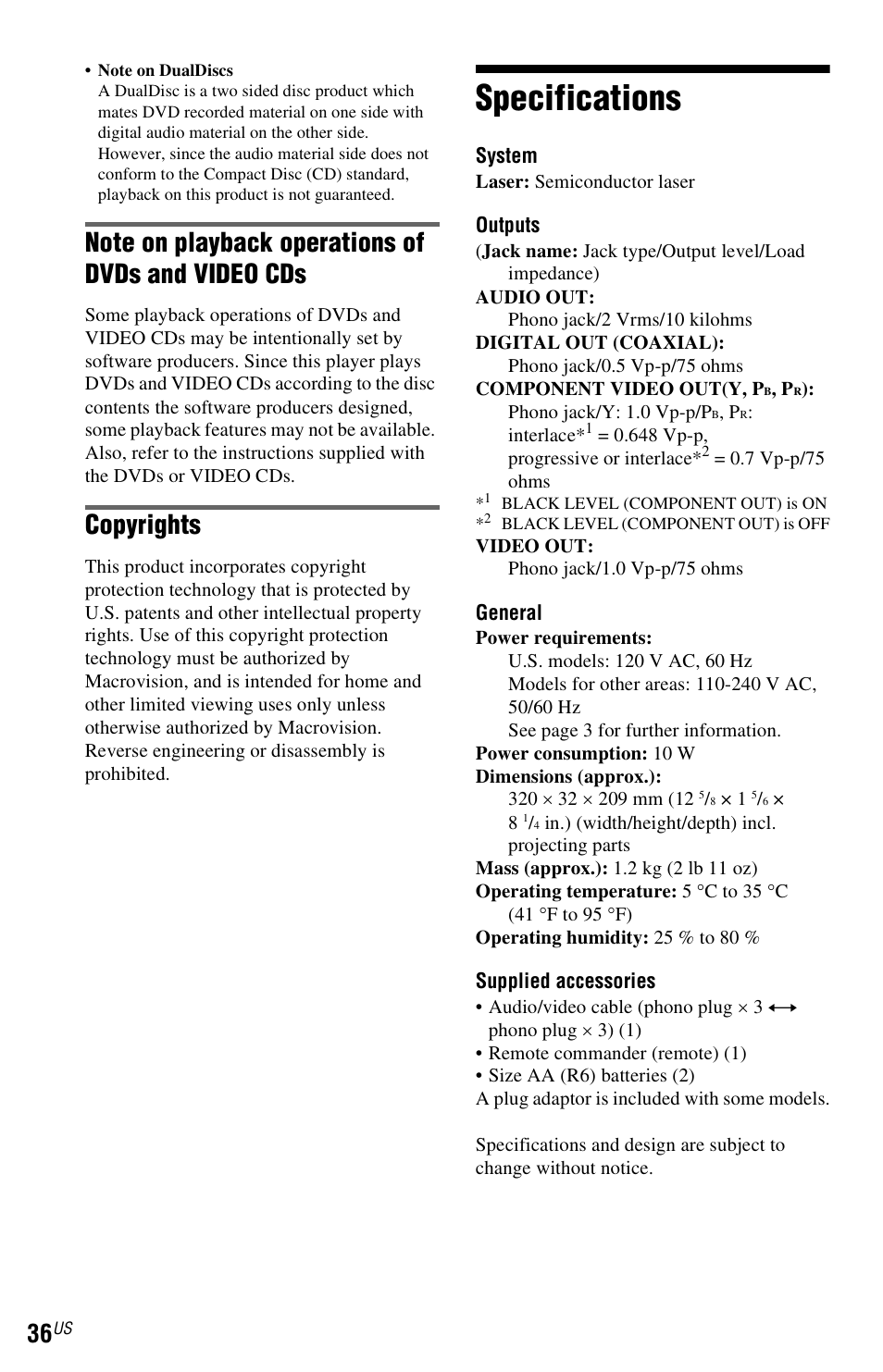 Specifications, Copyrights | Sony DVP-SR200PPX3 User Manual | Page 36 / 48