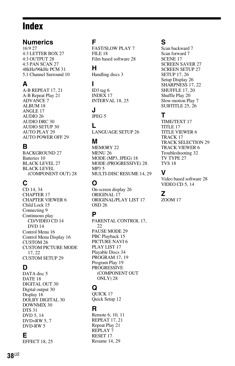 Index, Numerics | Sony DVP-SR200PPX3 User Manual | Page 38 / 48