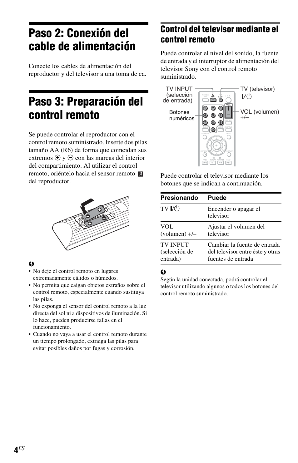 Paso 2: conexión del cable de alimentación, Paso 3: preparación del control remoto, Control del televisor mediante el control remoto | Sony DVP-SR200PPX3 User Manual | Page 42 / 48