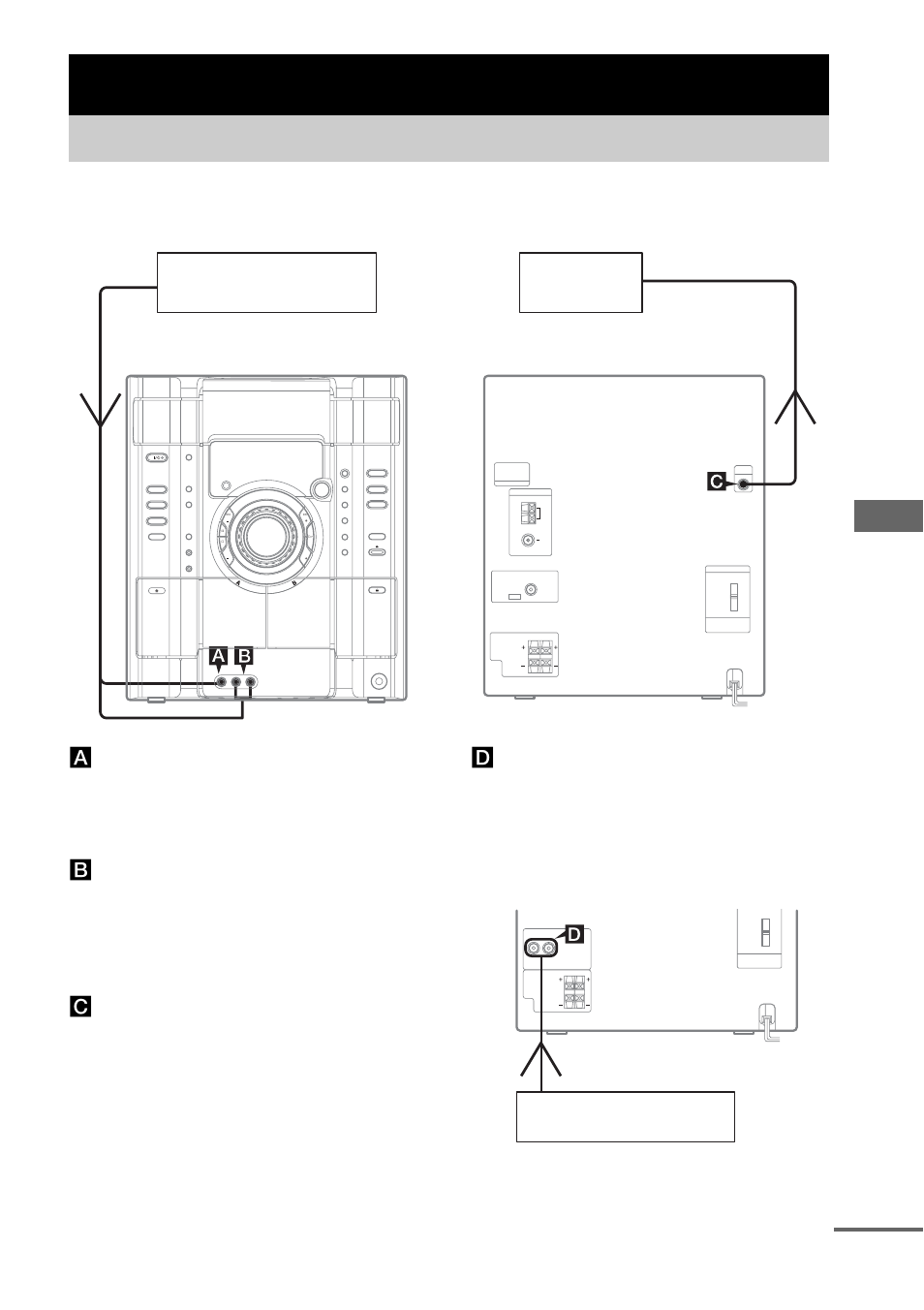 Optional components, Hooking up optional components, Op tion al com pon ents 29 | A game input video jack, B game input audio l/r jacks, C video out jack, D video/md in jacks (mhc-rg555 only) | Sony MHC-GX450 User Manual | Page 29 / 48
