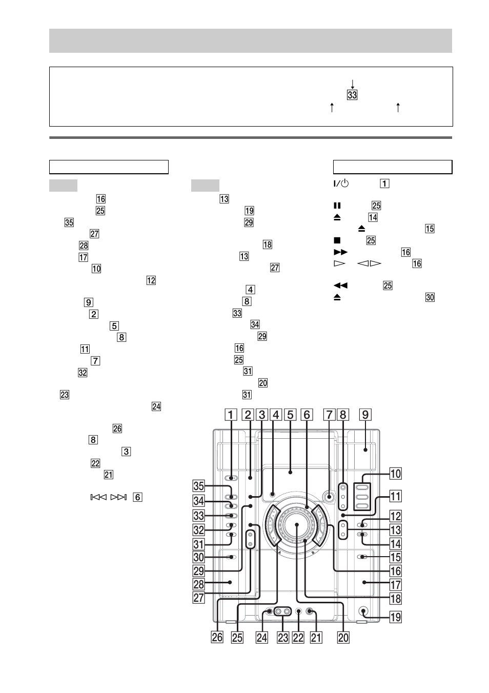 List of button locations and reference, List of button locations and reference pages, Main unit | How to use this page | Sony MHC-GX450 User Manual | Page 44 / 48