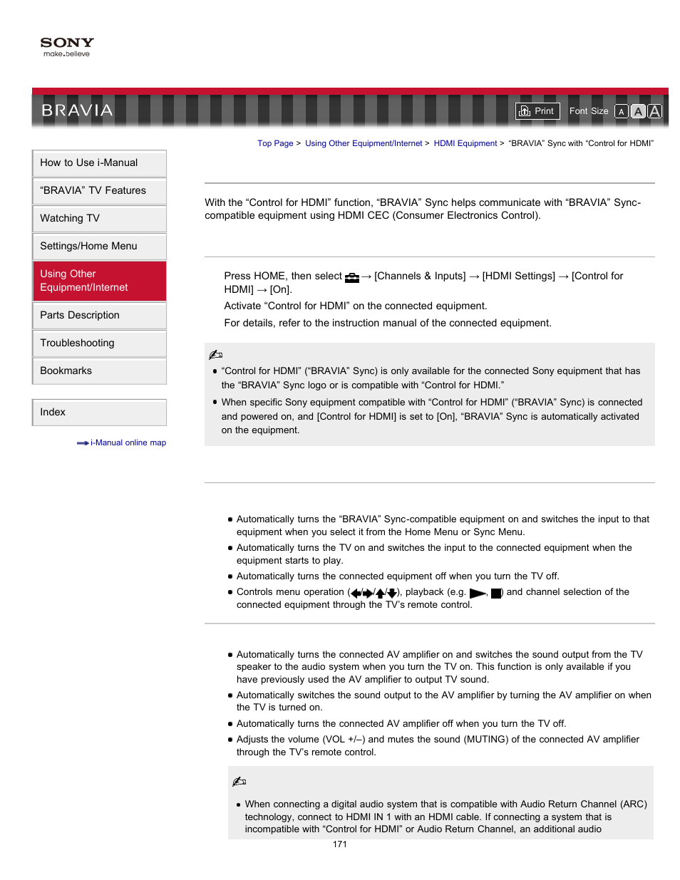 Bravia” sync with “control for hdmi | Sony KDL-60NX720 User Manual | Page 171 / 184