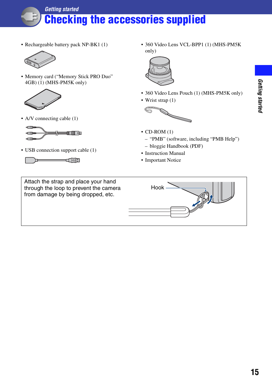 Getting started, Checking the accessories supplied, P (15) | Sony bloggie  MHS-PM5 User Manual | Page 15 / 73