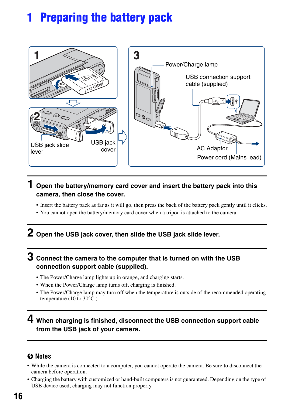 1 preparing the battery pack | Sony bloggie  MHS-PM5 User Manual | Page 16 / 73