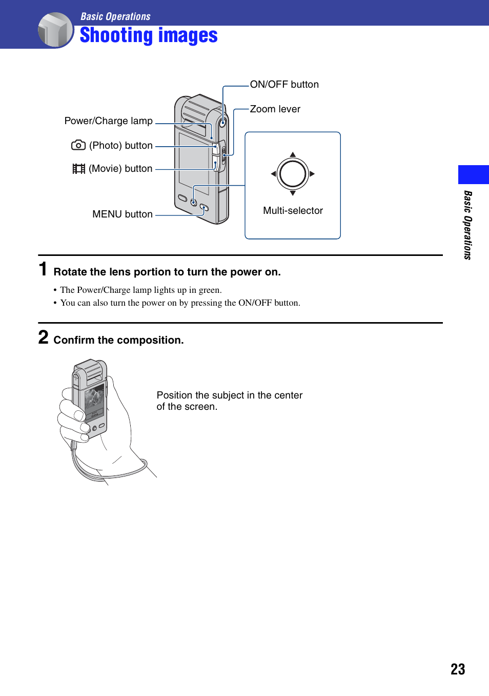 Basic operations, Shooting images, N (23) | On (23) | Sony bloggie  MHS-PM5 User Manual | Page 23 / 73