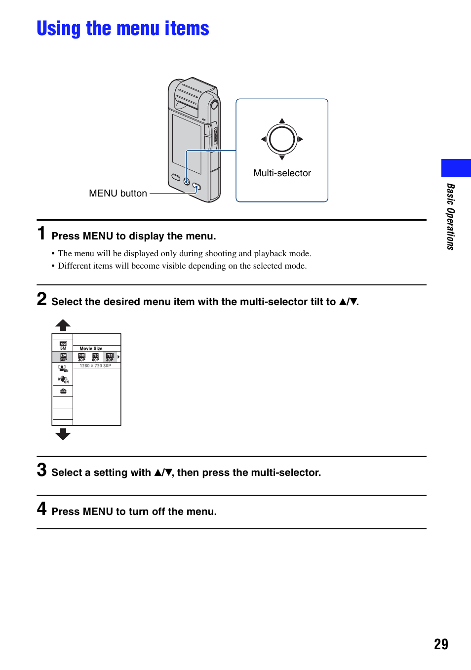 Using the menu items, N (29) | Sony bloggie  MHS-PM5 User Manual | Page 29 / 73