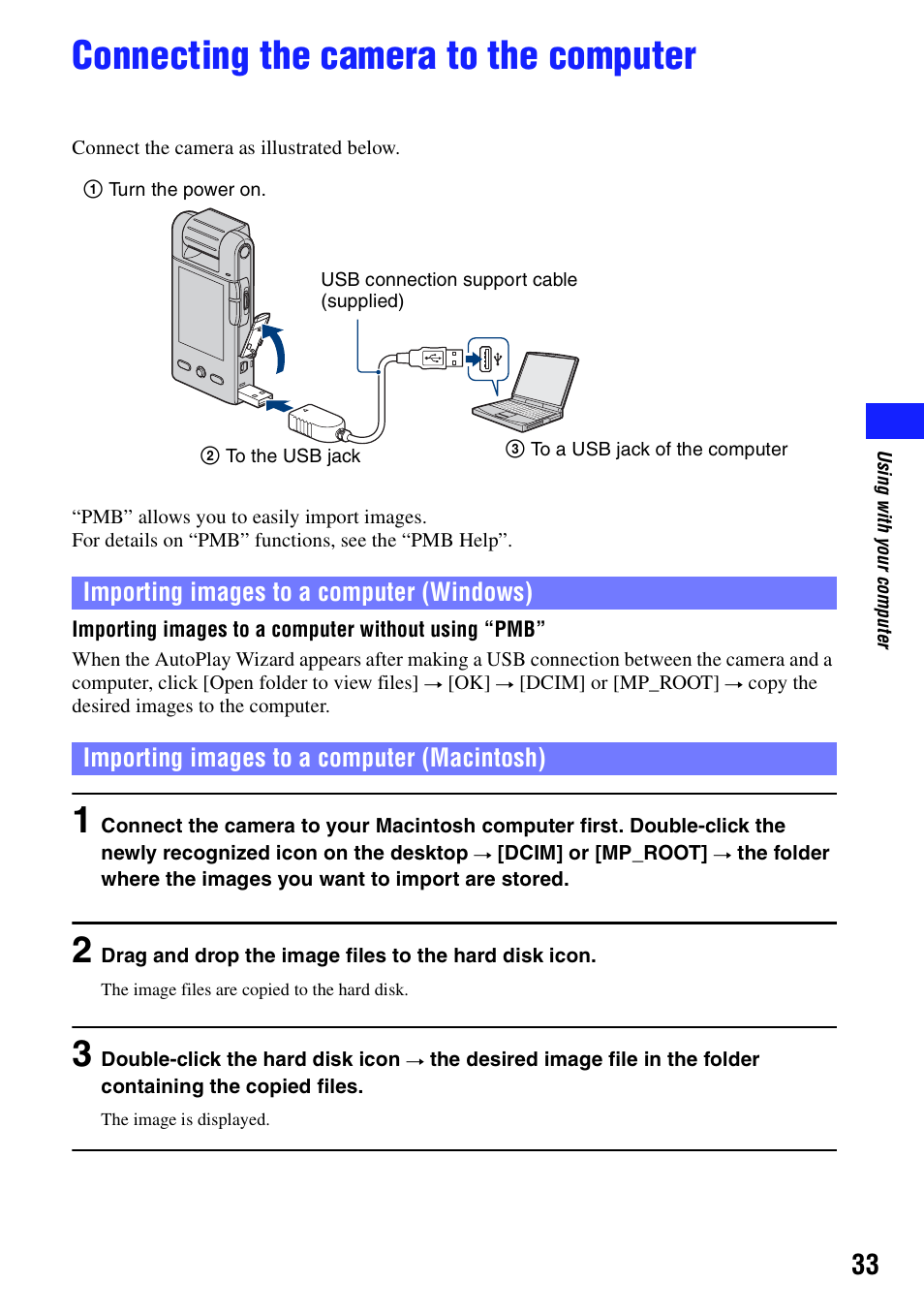 Connecting the camera to the computer | Sony bloggie  MHS-PM5 User Manual | Page 33 / 73