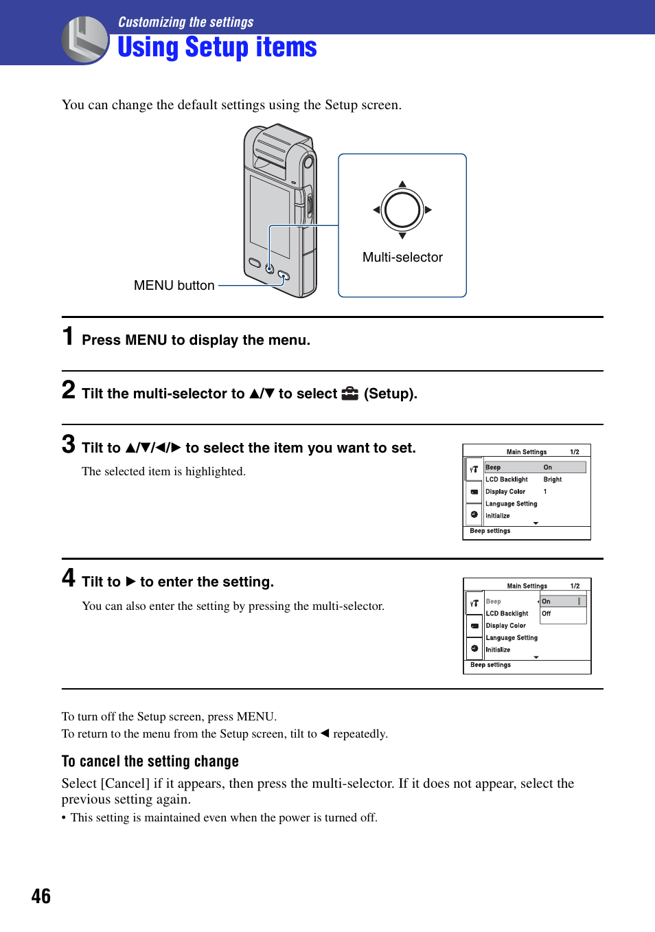 Customizing the settings, Using setup items | Sony bloggie  MHS-PM5 User Manual | Page 46 / 73