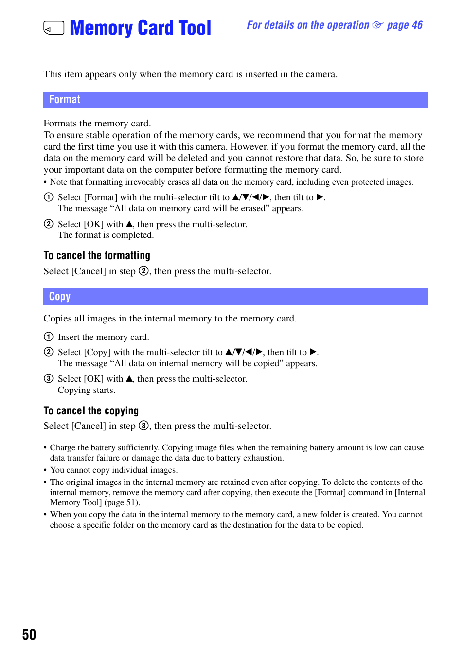 Memory card tool, Format, Copy | Format copy | Sony bloggie  MHS-PM5 User Manual | Page 50 / 73