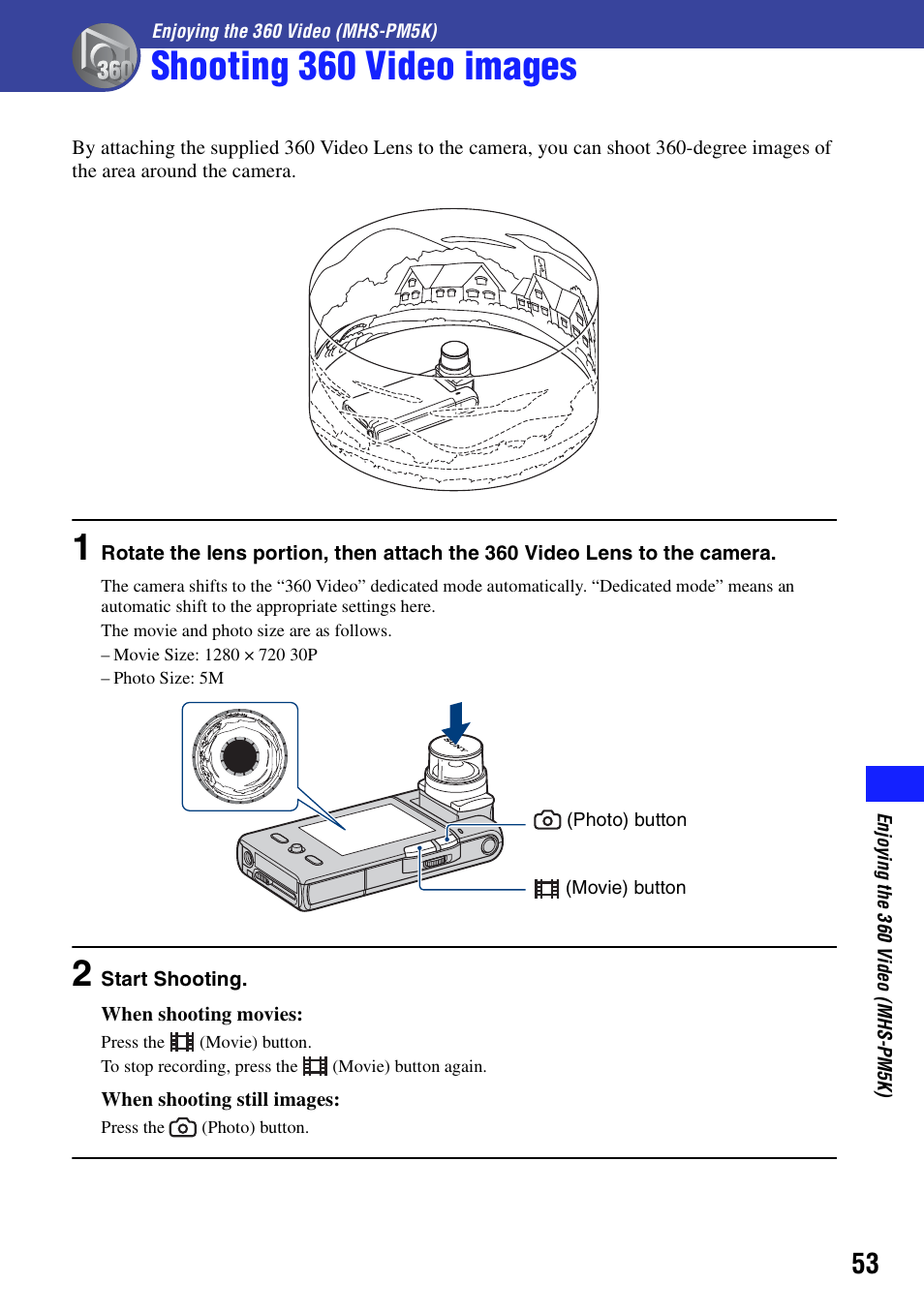 Enjoying the 360 video (mhs-pm5k), Shooting 360 video images | Sony bloggie  MHS-PM5 User Manual | Page 53 / 73