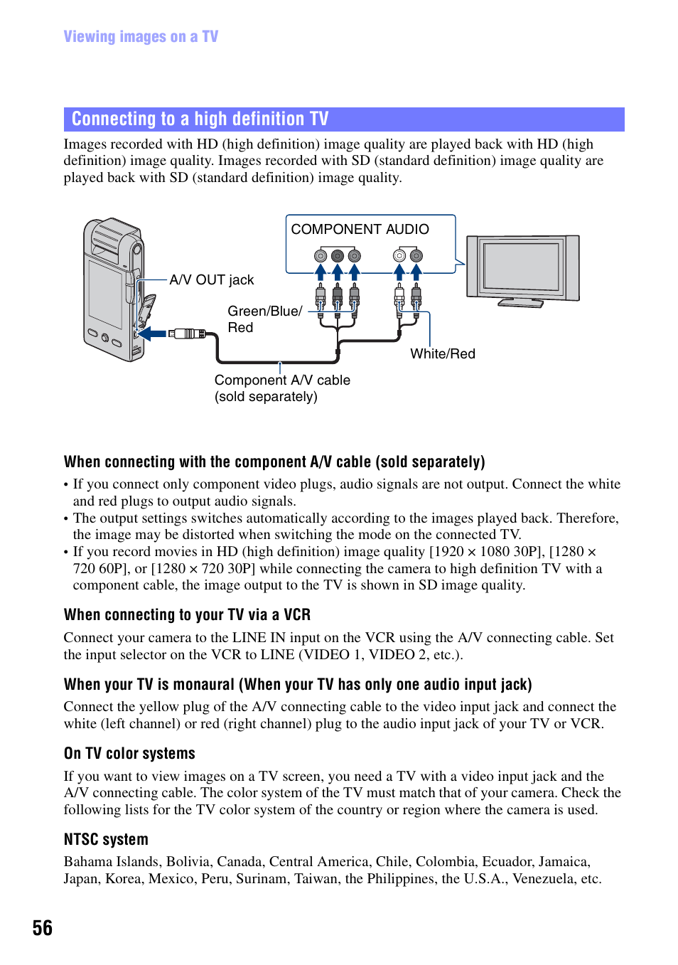Connecting to a high definition tv | Sony bloggie  MHS-PM5 User Manual | Page 56 / 73