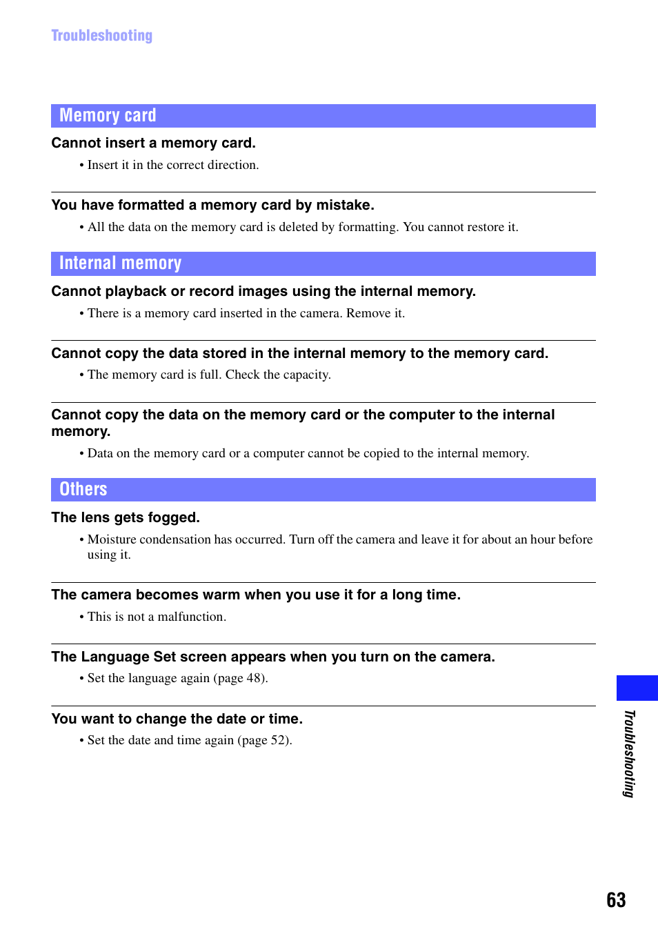 Memory card, Internal memory, Others | Sony bloggie  MHS-PM5 User Manual | Page 63 / 73