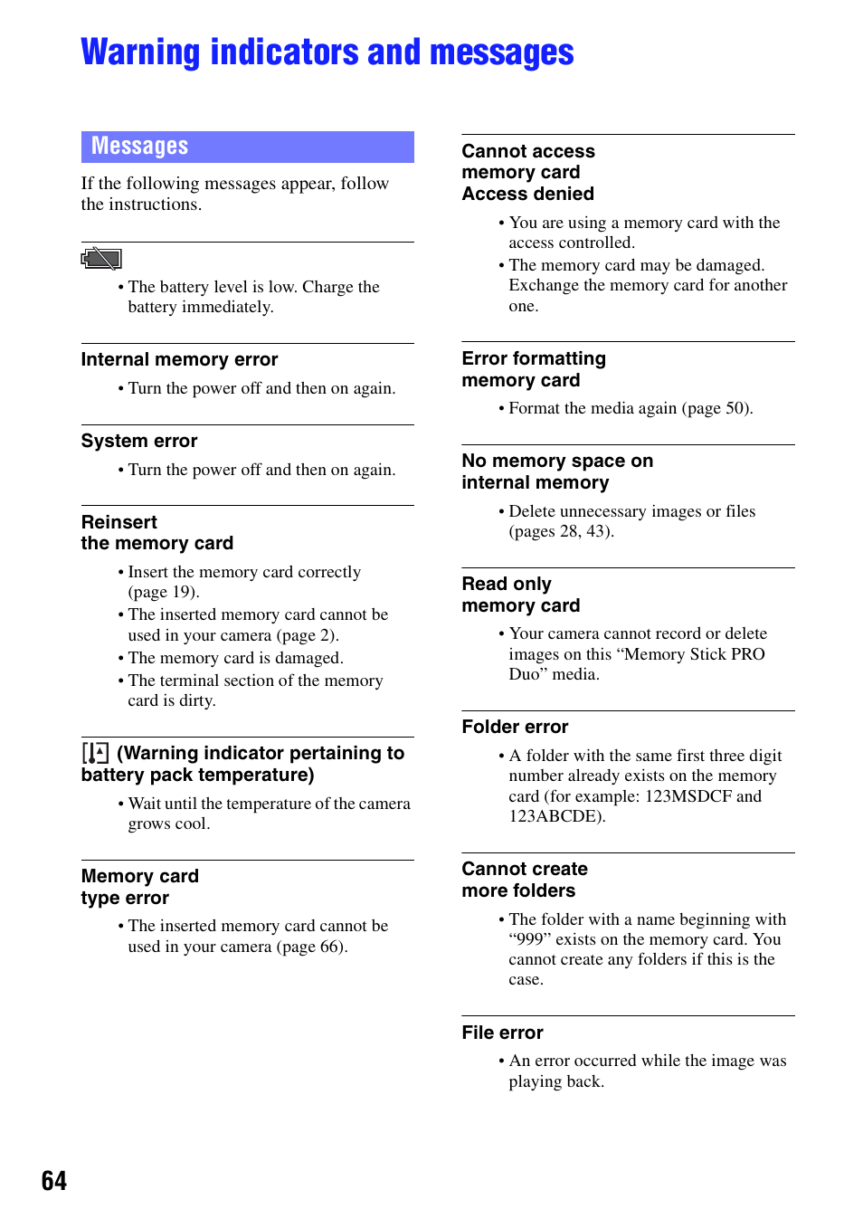 Warning indicators and messages, Ng (64), Messages | Sony bloggie  MHS-PM5 User Manual | Page 64 / 73