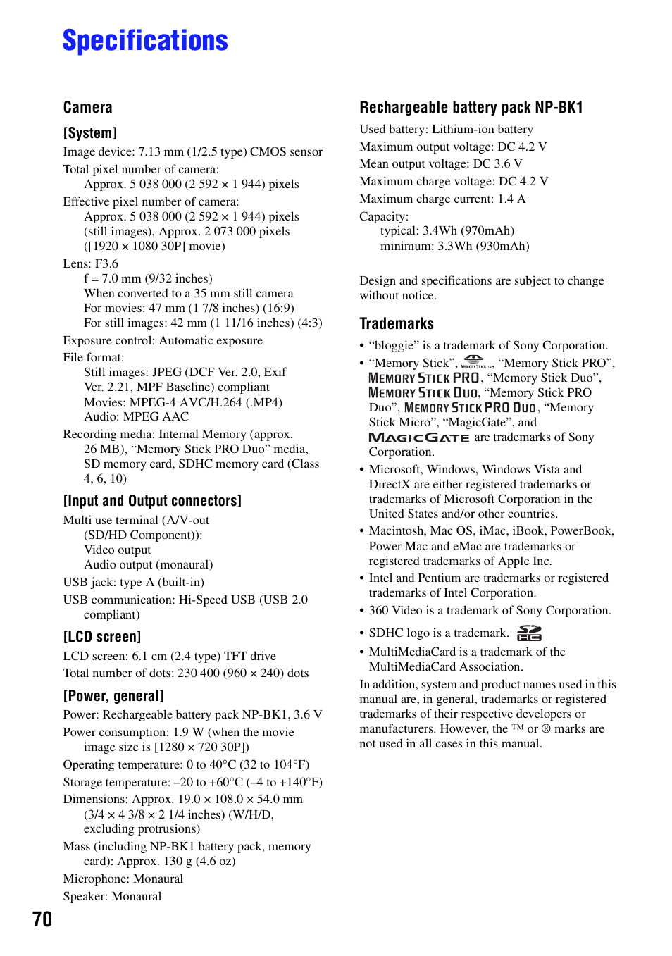 Specifications | Sony bloggie  MHS-PM5 User Manual | Page 70 / 73