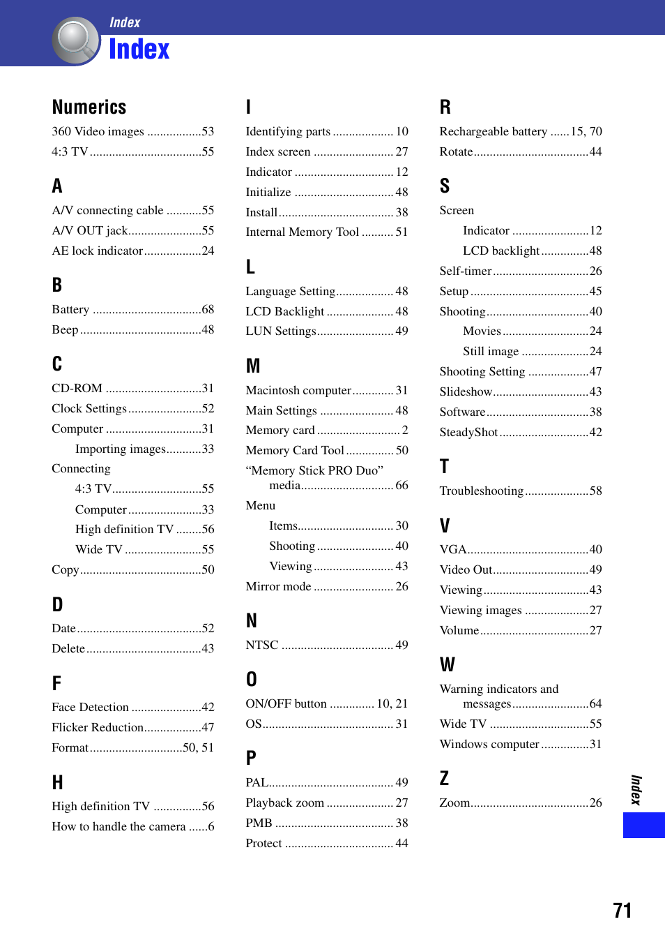Index, Numerics | Sony bloggie  MHS-PM5 User Manual | Page 71 / 73