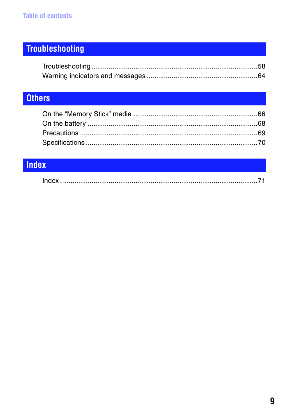 Troubleshooting others index | Sony bloggie  MHS-PM5 User Manual | Page 9 / 73