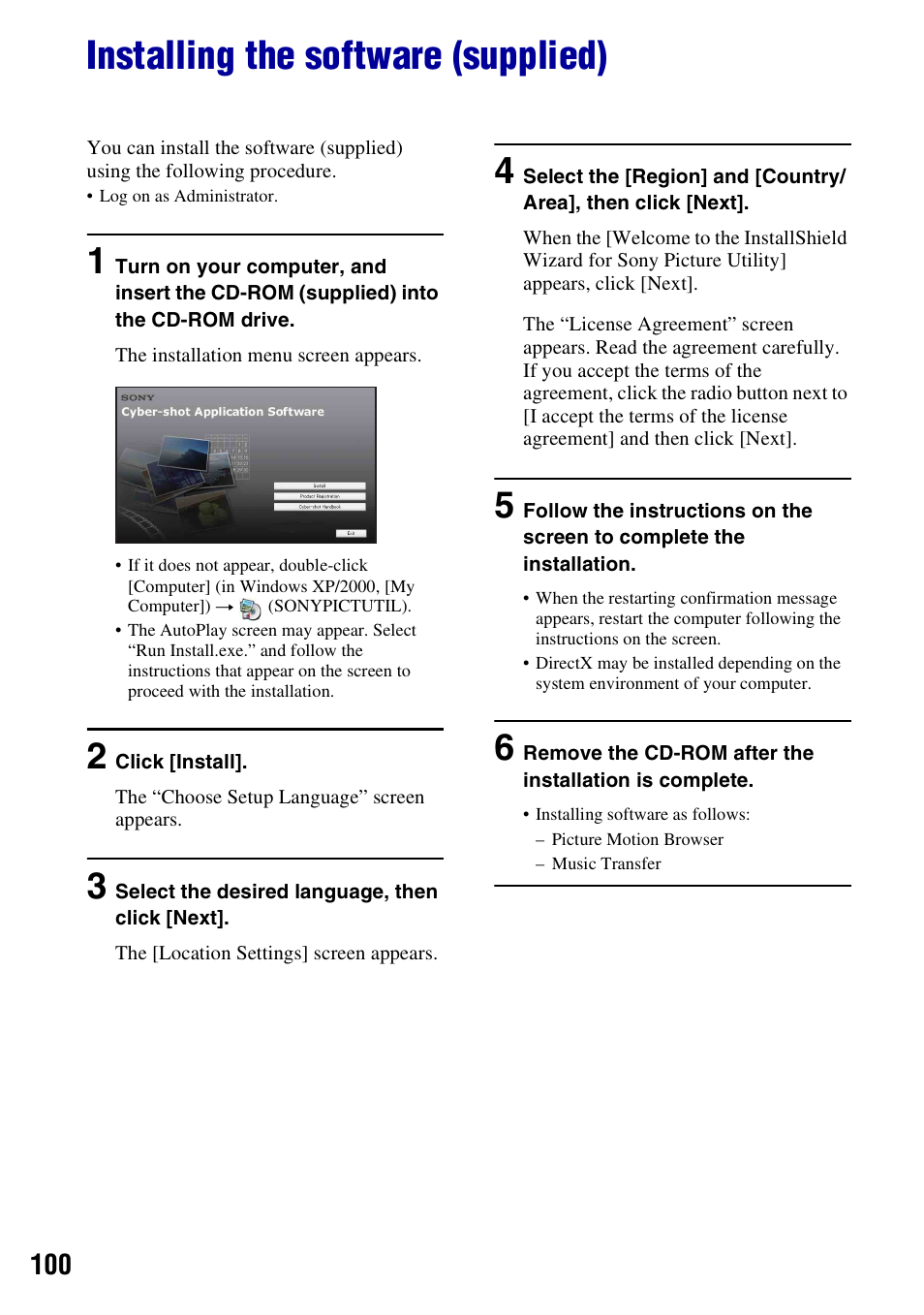 Installing the software (supplied) | Sony DSC-T300 User Manual | Page 100 / 147