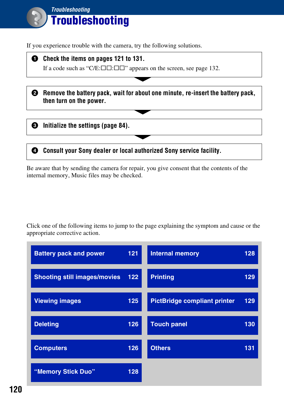 Troubleshooting | Sony DSC-T300 User Manual | Page 120 / 147