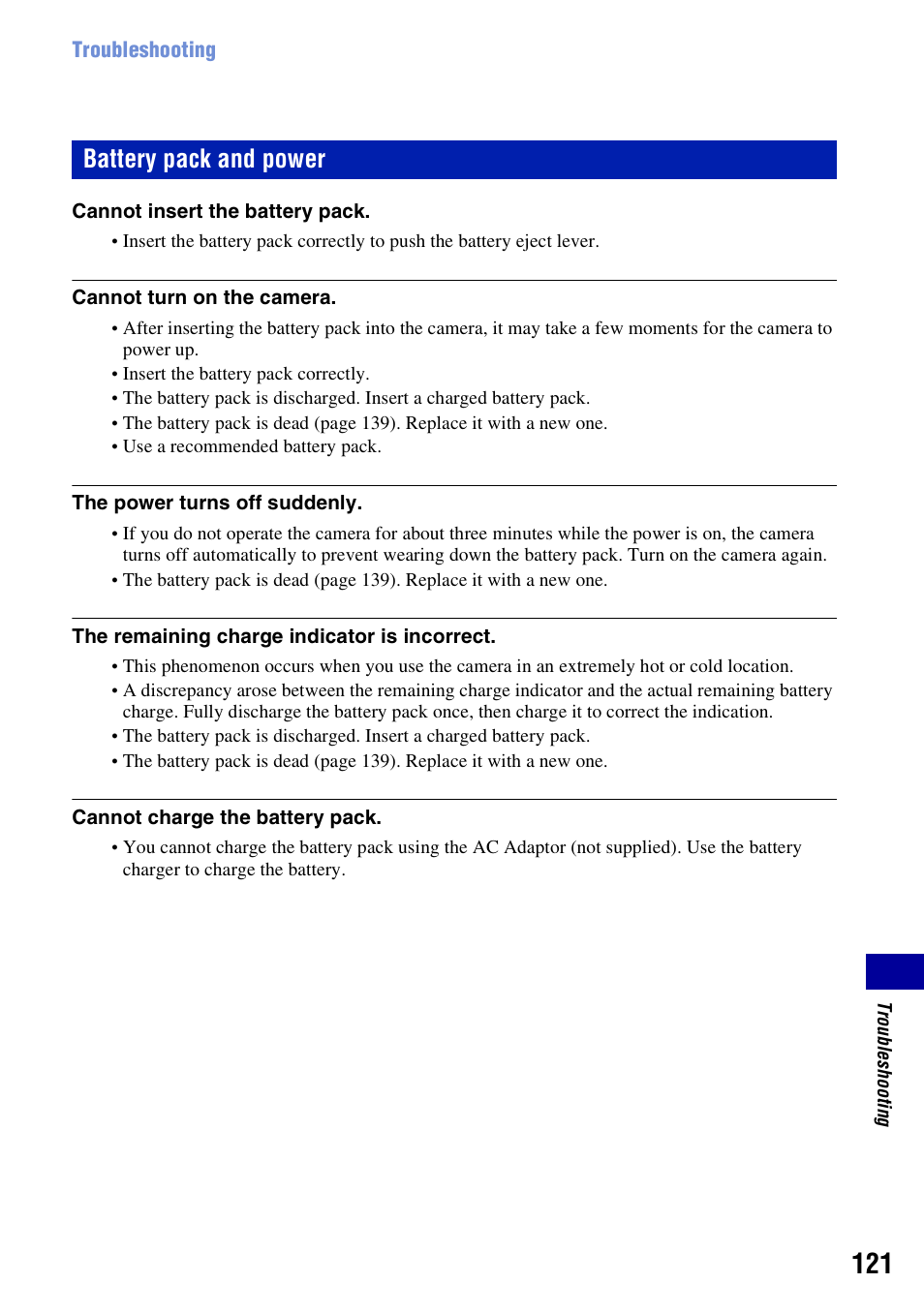 121 t, Battery pack and power | Sony DSC-T300 User Manual | Page 121 / 147