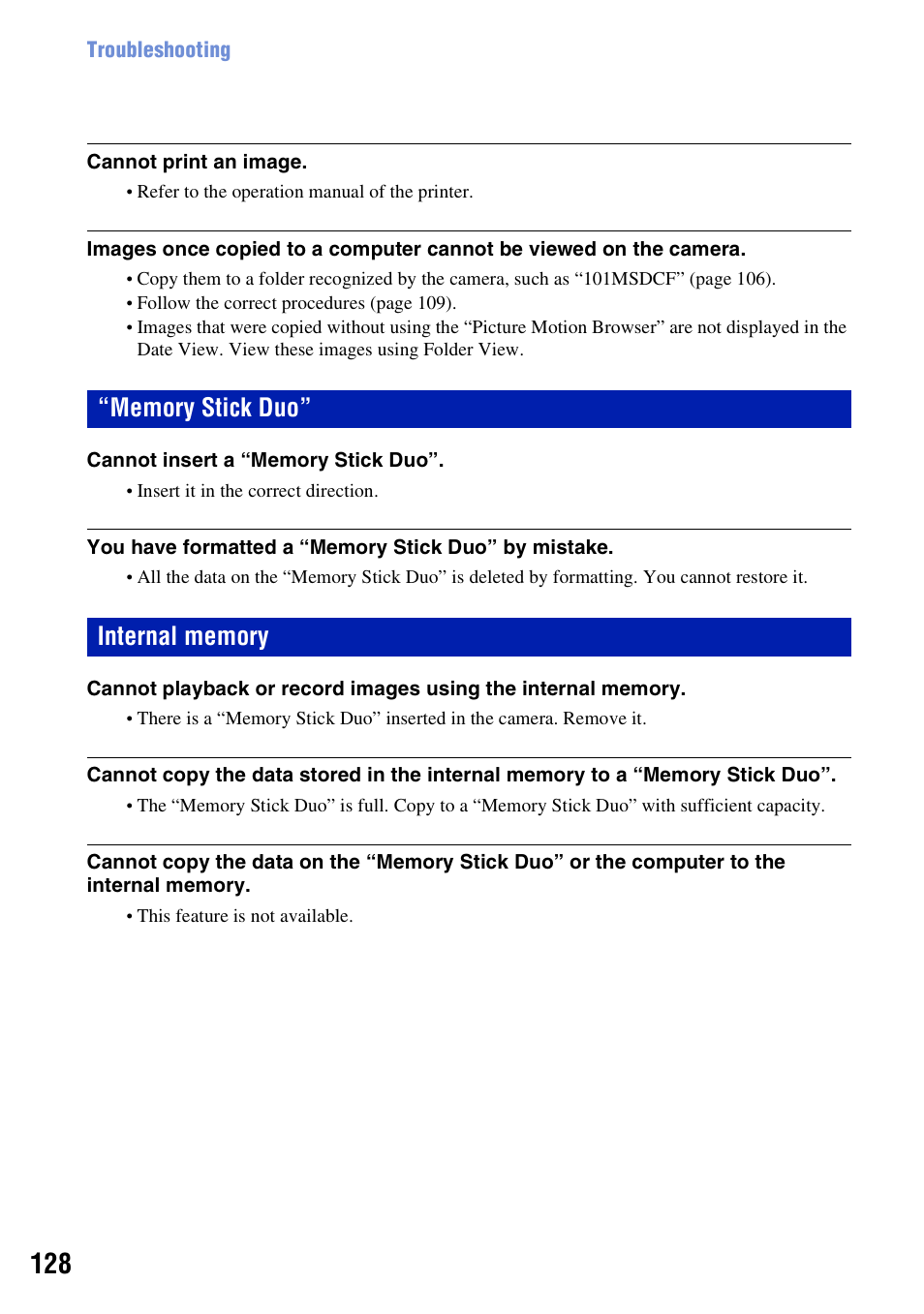 Memory stick duo, Internal memory | Sony DSC-T300 User Manual | Page 128 / 147