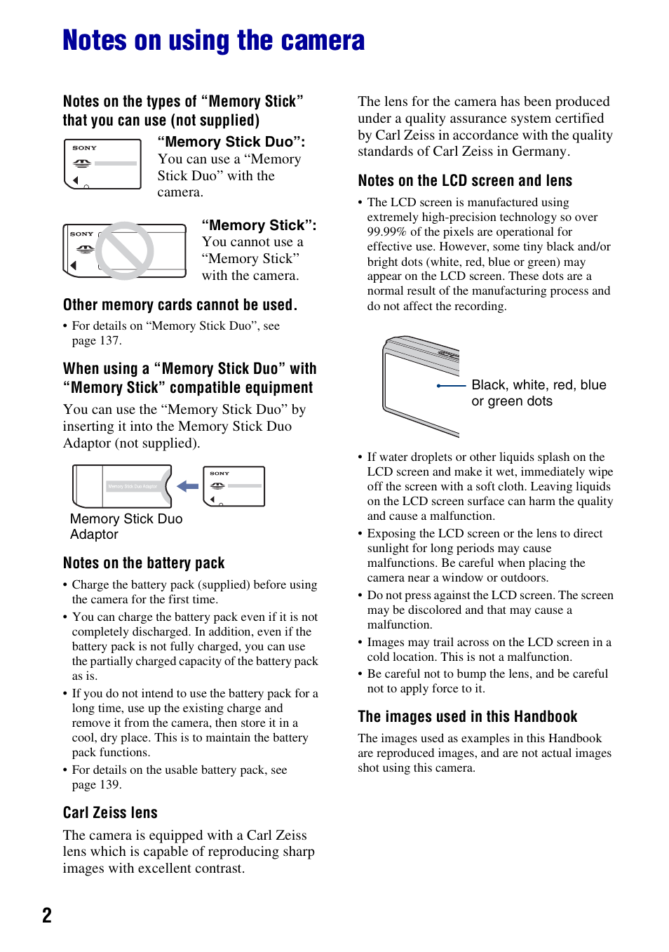 Notes on using the camera | Sony DSC-T300 User Manual | Page 2 / 147