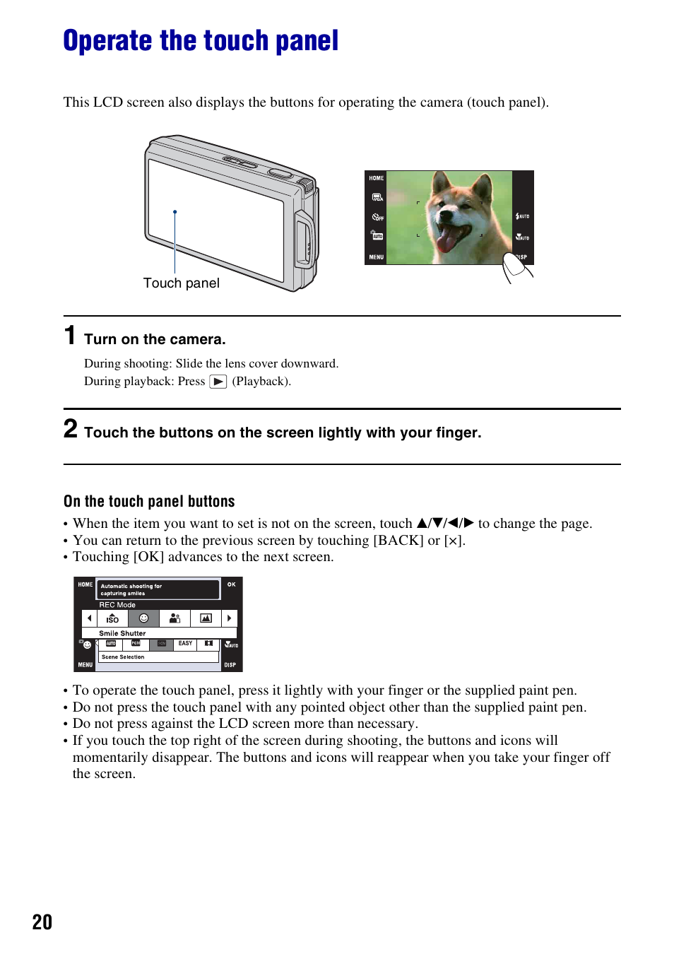 Operate the touch panel | Sony DSC-T300 User Manual | Page 20 / 147