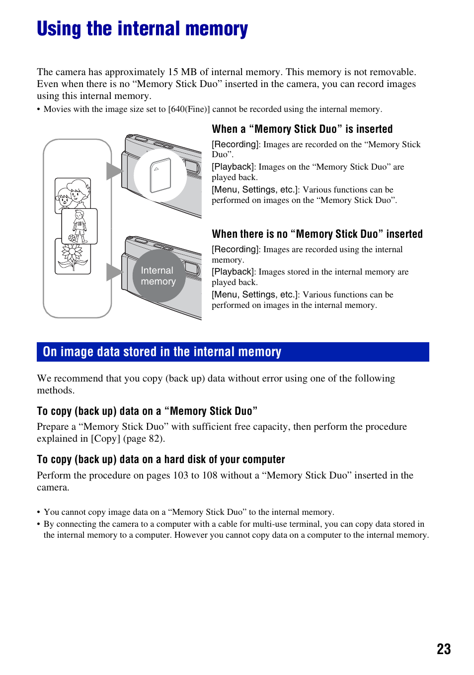 Using the internal memory | Sony DSC-T300 User Manual | Page 23 / 147